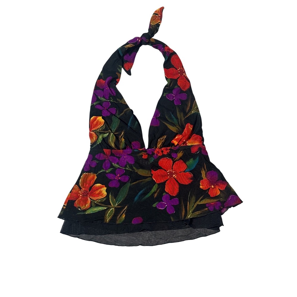 VTG 90s Y2K Floral Babydoll‎ Halter Top Pink Tropical Lettuce Hem